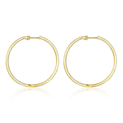 14K Yellow Gold French Pave 40mm Round Inside Out Diamond Hoop Earrings