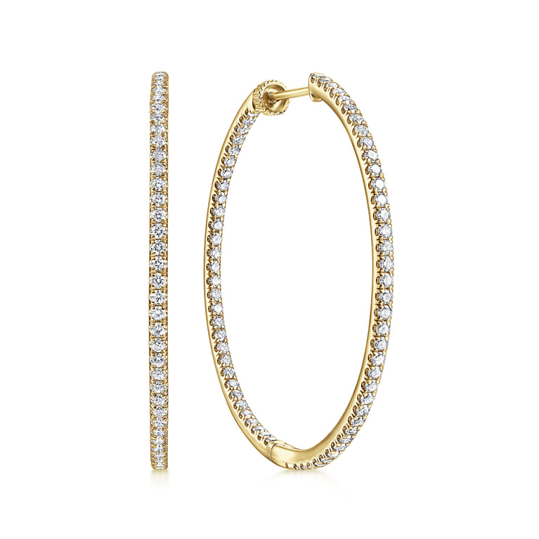 14K Yellow Gold French Pave 40mm Round Inside Out Diamond Hoop Earrings - 1.9 ct - Shot 1