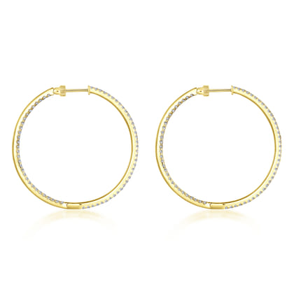 14K Yellow Gold French Pave 40mm Round Inside Out Diamond Hoop Earrings