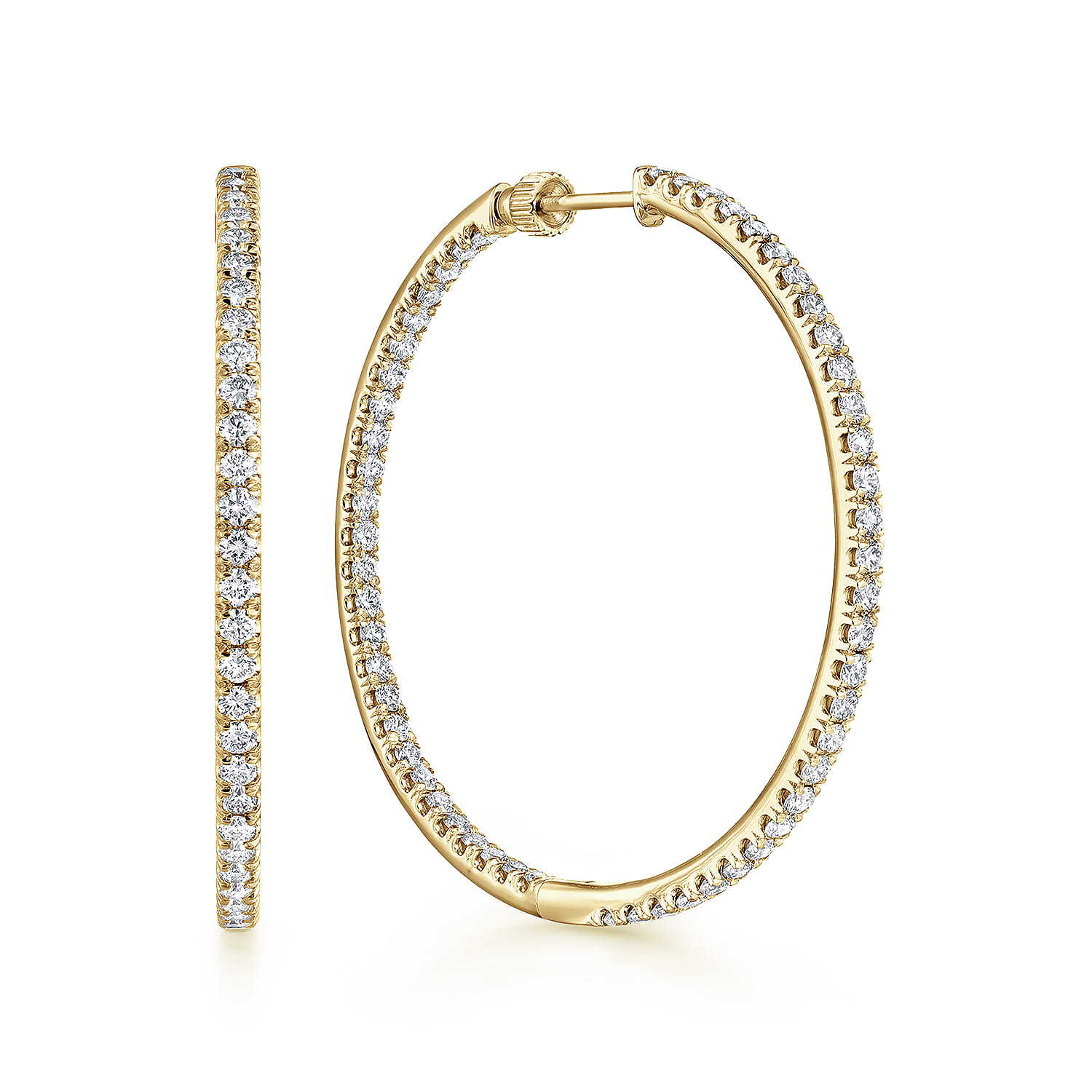 14K Yellow Gold French Pave 40mm Round Inside Out Diamond Hoop Earrings - 2.95 ct - Shot 1