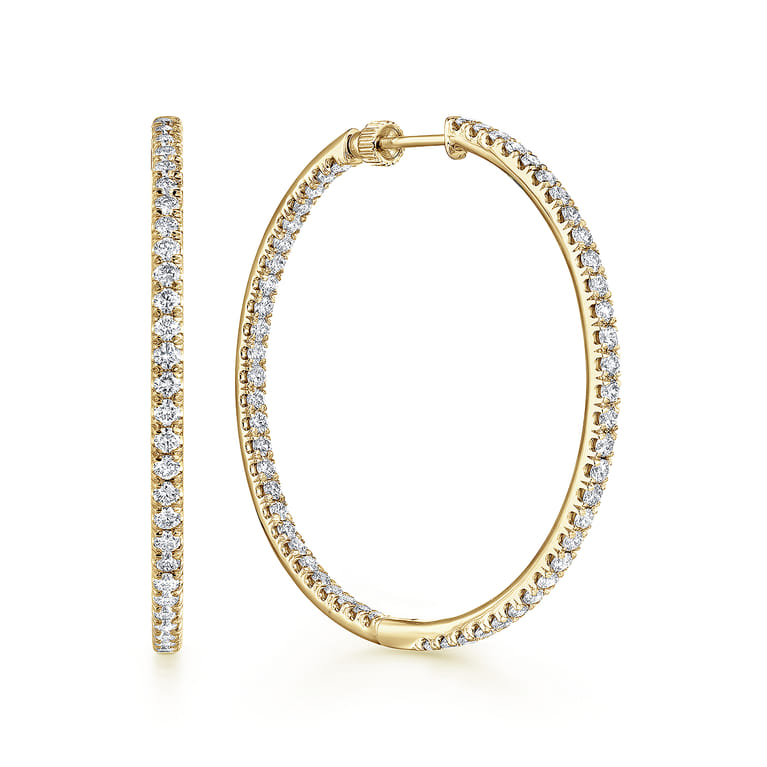 14K Yellow Gold French Pave 40mm Round Inside Out Diamond Hoop Earrings - 2.95 ct - Shot 1
