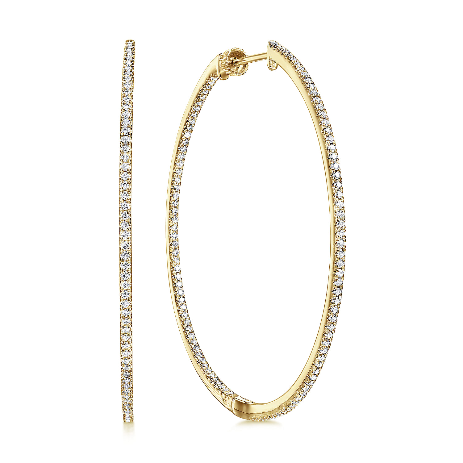 14K Yellow Gold French Pave 50mm Round Inside Out Diamond Classic Hoop Earrings - 1.3 ct - Shot 1