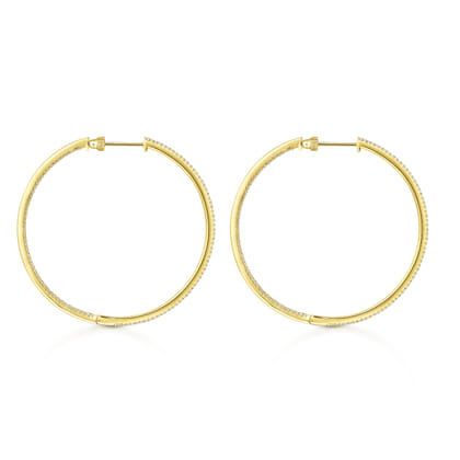 14K Yellow Gold French Pave 50mm Round Inside Out Diamond Classic Hoop Earrings