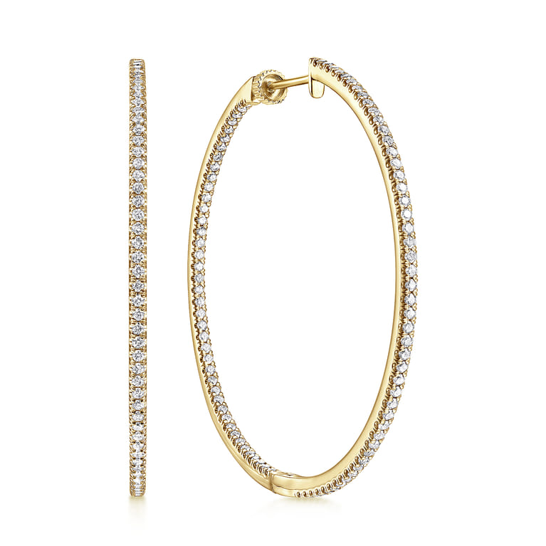 14K Yellow Gold French Pave 50mm Round Inside Out Diamond Hoop Earrings - 1.9 ct - Shot 1