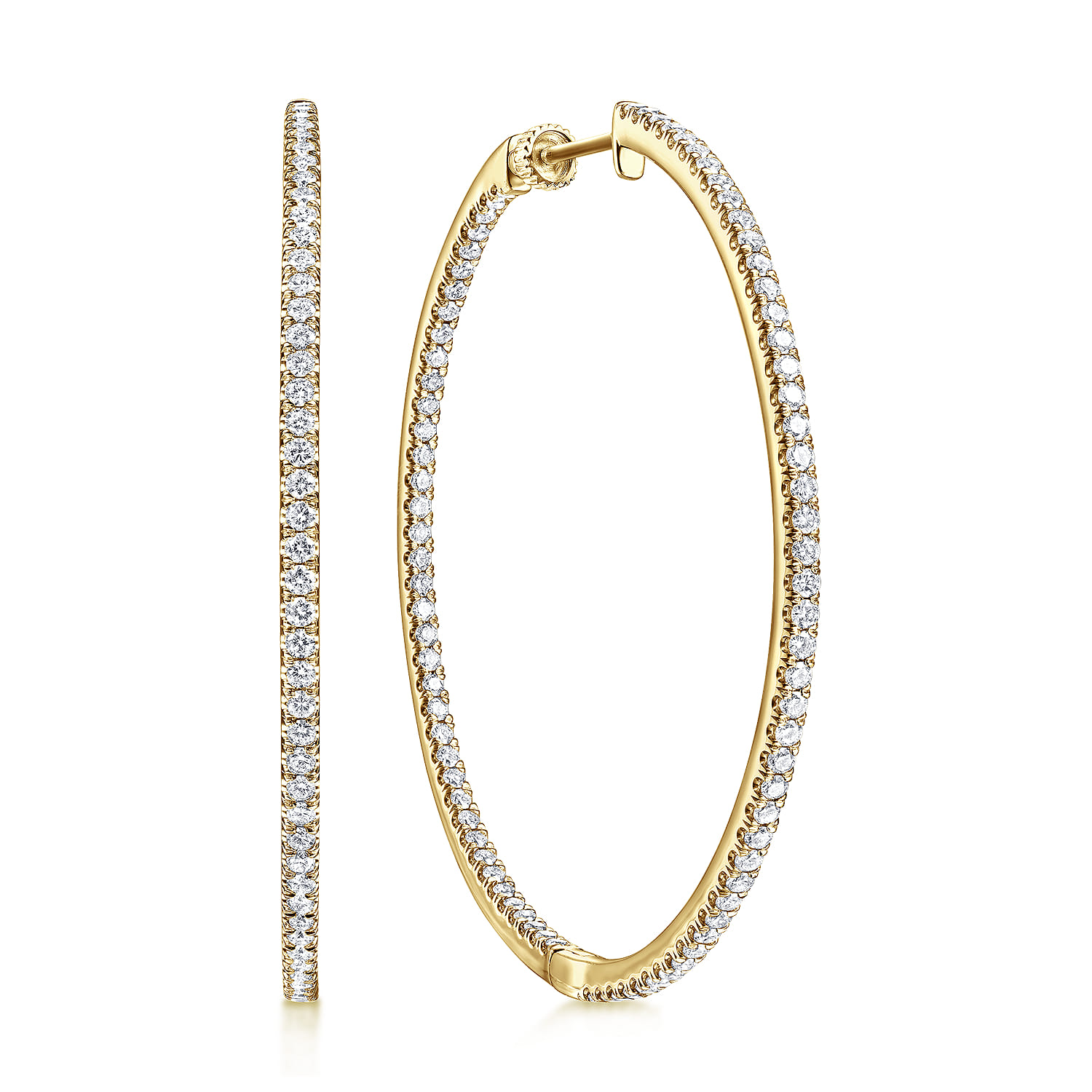 14K Yellow Gold French Pave 50mm Round Inside Out Diamond Hoop Earrings - 2.4 ct - Shot 1