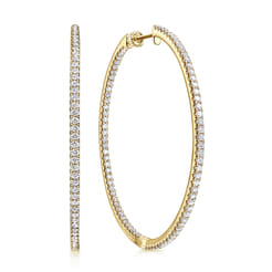14K Yellow Gold French Pave 50mm Round Inside Out Diamond Hoop Earrings