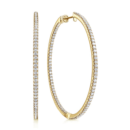 14K Yellow Gold French Pave 50mm Round Inside Out Diamond Hoop Earrings