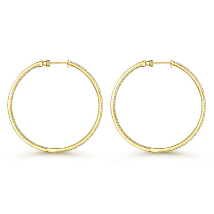 14K Yellow Gold French Pave 50mm Round Inside Out Diamond Hoop Earrings