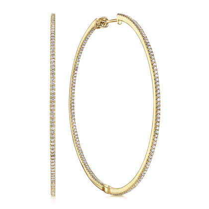 14K Yellow Gold French Pave 60mm Round Inside Out Diamond Classic Hoop Earrings