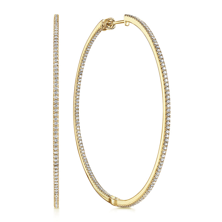 14K Yellow Gold French Pave 60mm Round Inside Out Diamond Classic Hoop Earrings - 1.5 ct - Shot 1