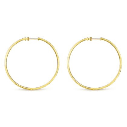 14K Yellow Gold French Pave 60mm Round Inside Out Diamond Classic Hoop Earrings