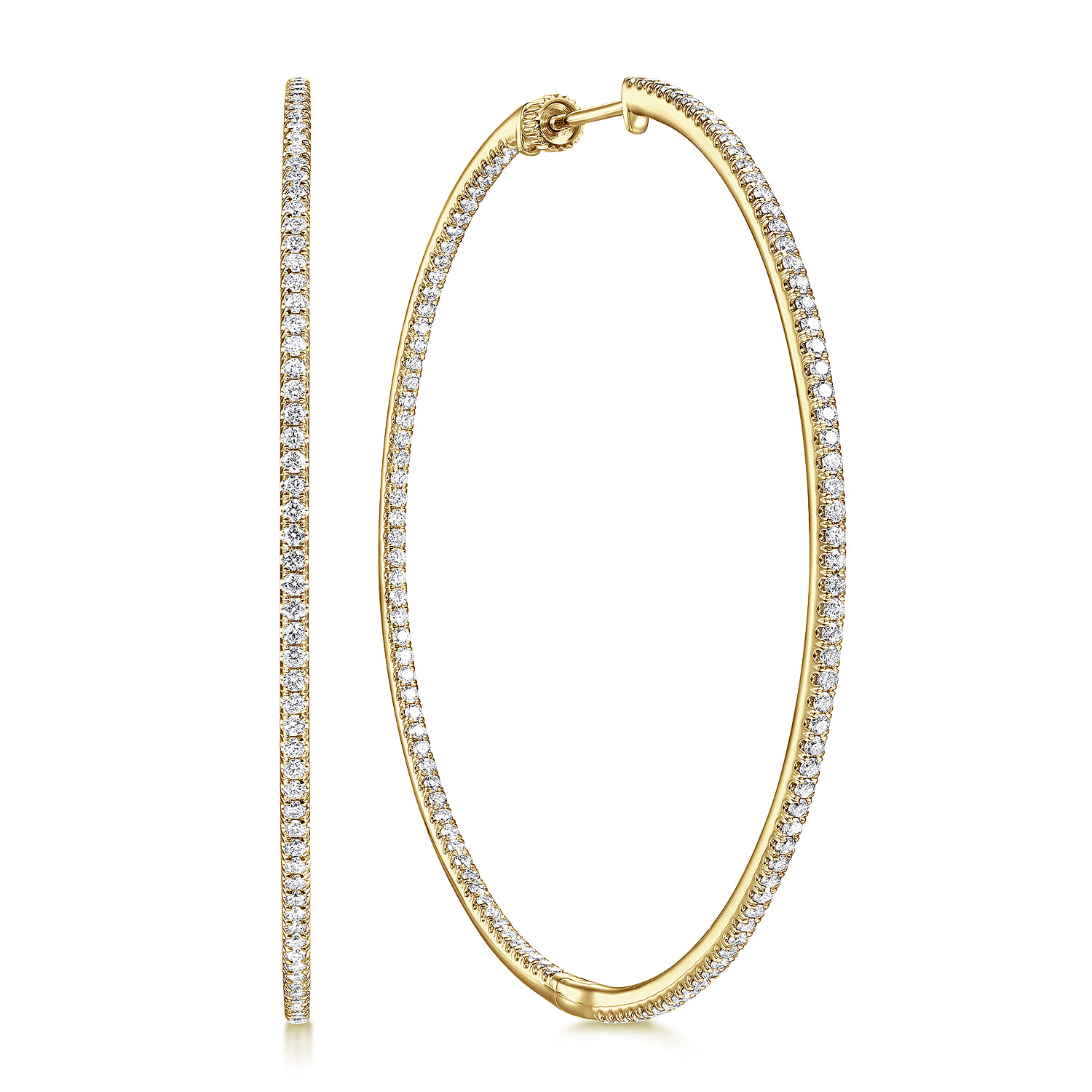 14K Yellow Gold French Pave 60mm Round Inside Out Diamond Classic Hoop Earrings - 2.2 ct - Shot 1