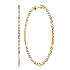14K Yellow Gold French Pave 60mm Round Inside Out Diamond Classic Hoop Earrings