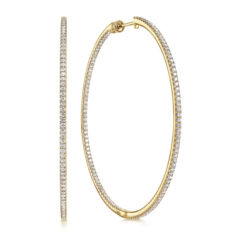 14K Yellow Gold French Pave 60mm Round Inside Out Diamond Classic Hoop Earrings - 2.2 ct - Shot 1