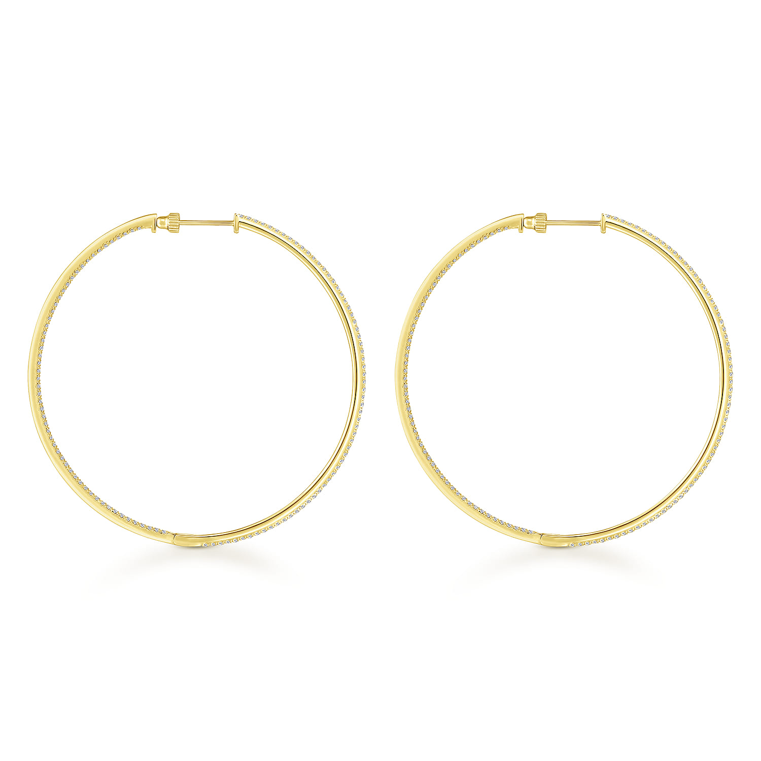 14K Yellow Gold French Pave 60mm Round Inside Out Diamond Classic Hoop Earrings - 2.2 ct - Shot 2