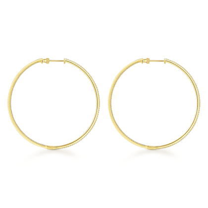 14K Yellow Gold French Pave 60mm Round Inside Out Diamond Classic Hoop Earrings