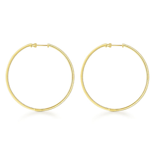 14K Yellow Gold French Pave 60mm Round Inside Out Diamond Classic Hoop Earrings - 2.2 ct - Shot 2