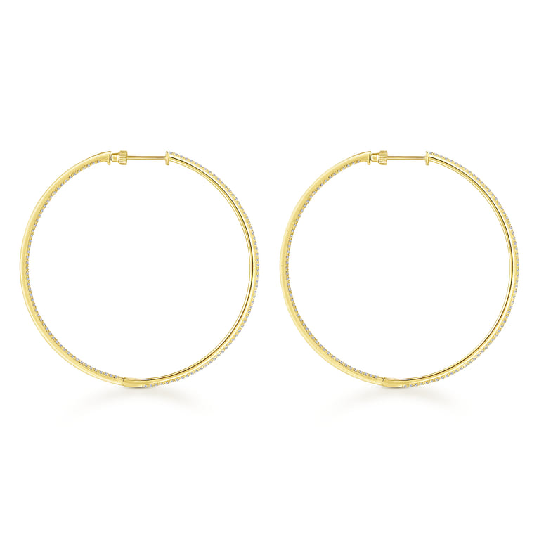 14K Yellow Gold French Pave 60mm Round Inside Out Diamond Classic Hoop Earrings - 2.2 ct - Shot 2