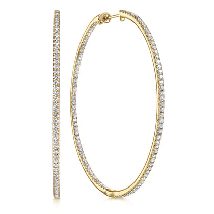 14K Yellow Gold French Pave 60mm Round Inside Out Diamond Classic Hoop Earrings
