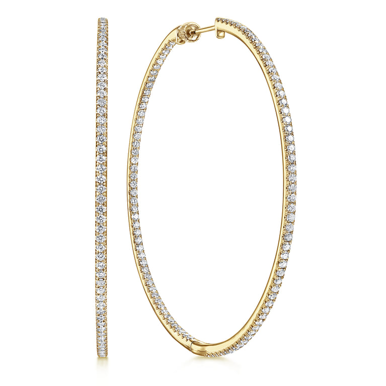 14K Yellow Gold French Pave 60mm Round Inside Out Diamond Classic Hoop Earrings - 2.9 ct - Shot 1