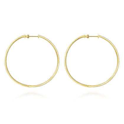 14K Yellow Gold French Pave 60mm Round Inside Out Diamond Classic Hoop Earrings