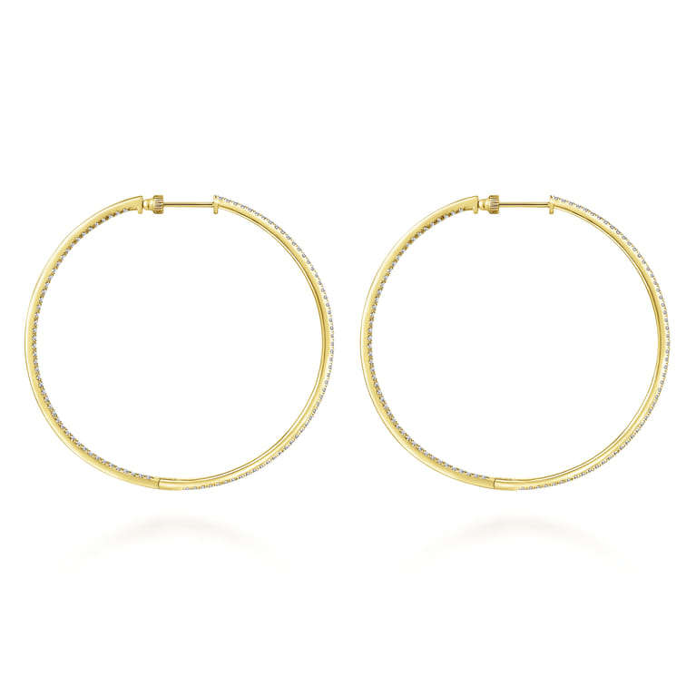 14K Yellow Gold French Pave 60mm Round Inside Out Diamond Classic Hoop Earrings - 2.9 ct - Shot 2
