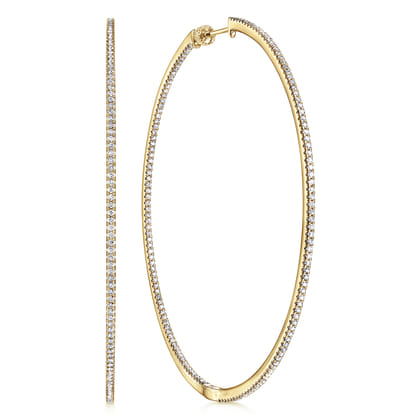 14K Yellow Gold French Pave 70mm Round Inside Out Diamond Classic Hoop Earrings