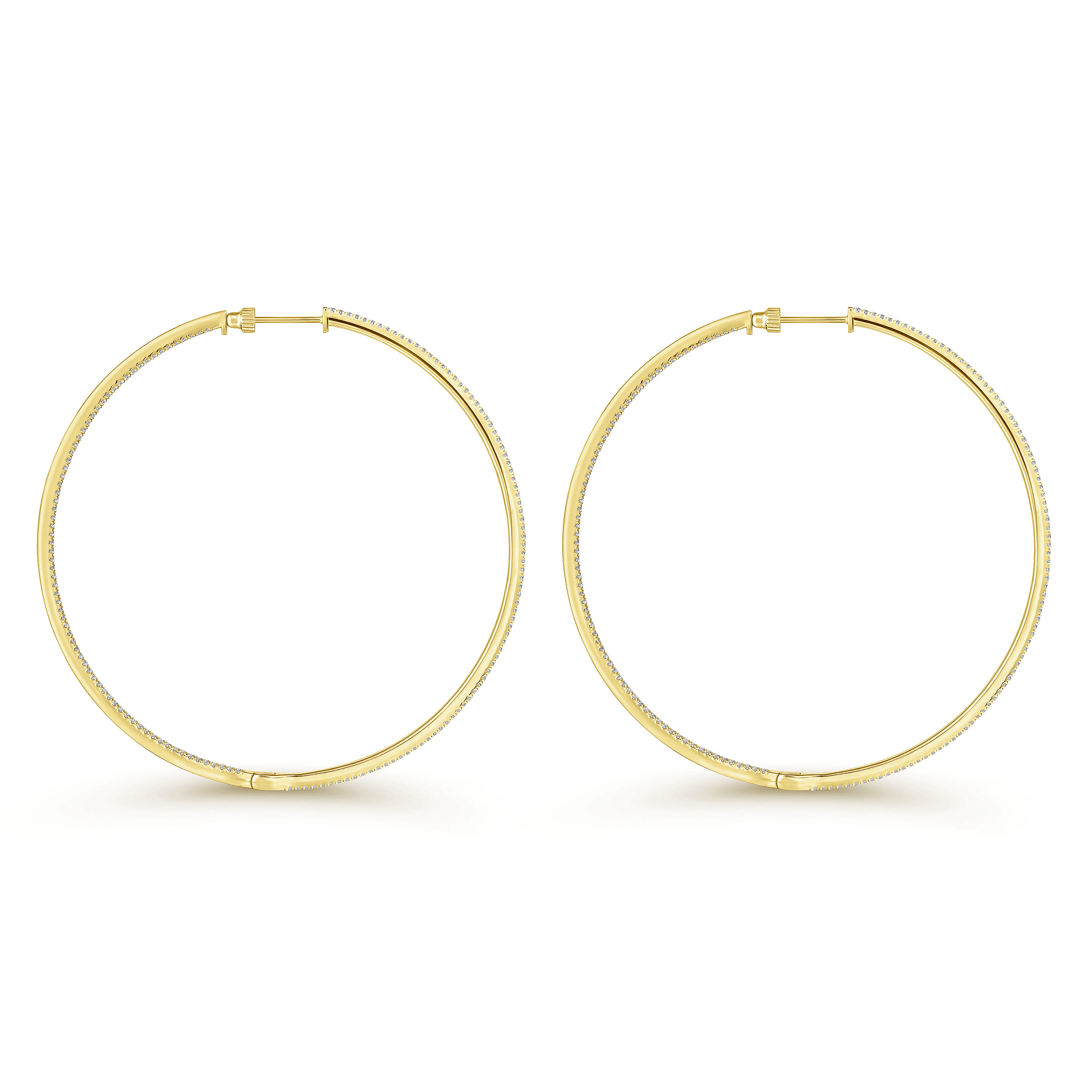 14K Yellow Gold French Pave 70mm Round Inside Out Diamond Classic Hoop Earrings - 1.8 ct - Shot 2