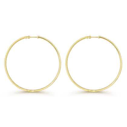 14K Yellow Gold French Pave 70mm Round Inside Out Diamond Classic Hoop Earrings