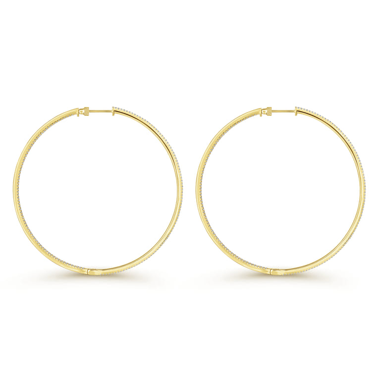 14K Yellow Gold French Pave 70mm Round Inside Out Diamond Classic Hoop Earrings - 1.8 ct - Shot 2