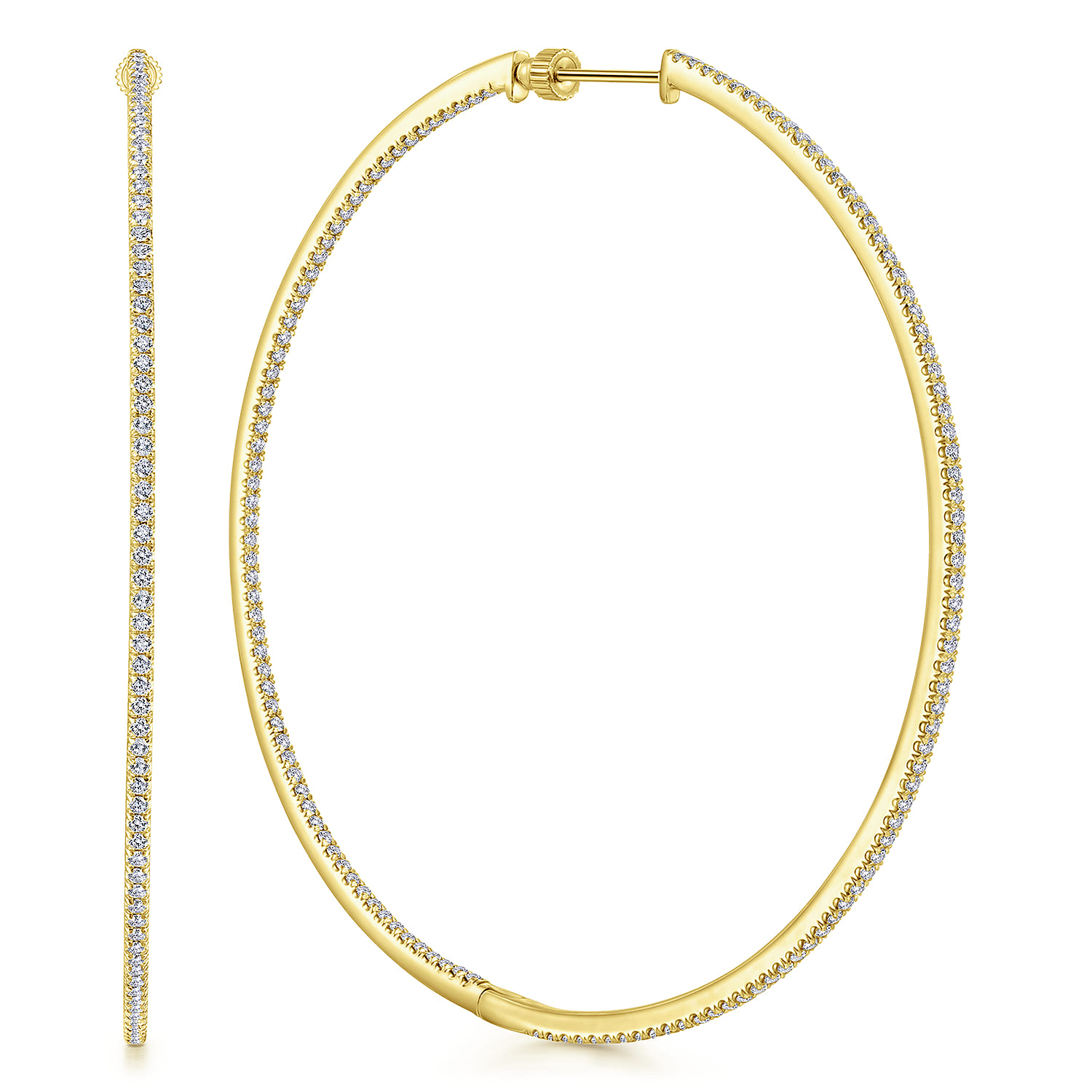 14K Yellow Gold French Pave 70mm Round Inside Out Diamond Classic Hoop Earrings - 2.55 ct - Shot 1