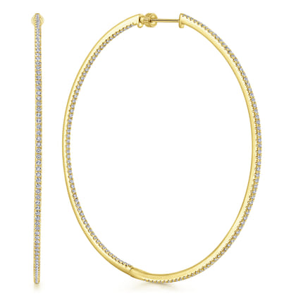 14K Yellow Gold French Pave 70mm Round Inside Out Diamond Classic Hoop Earrings