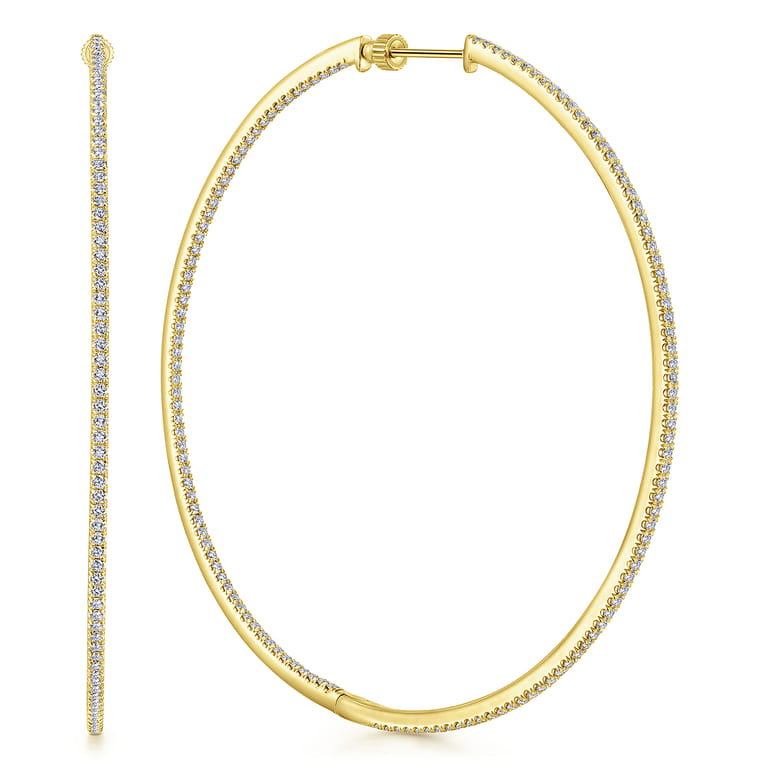 14K Yellow Gold French Pave 70mm Round Inside Out Diamond Classic Hoop Earrings - 2.55 ct - Shot 1