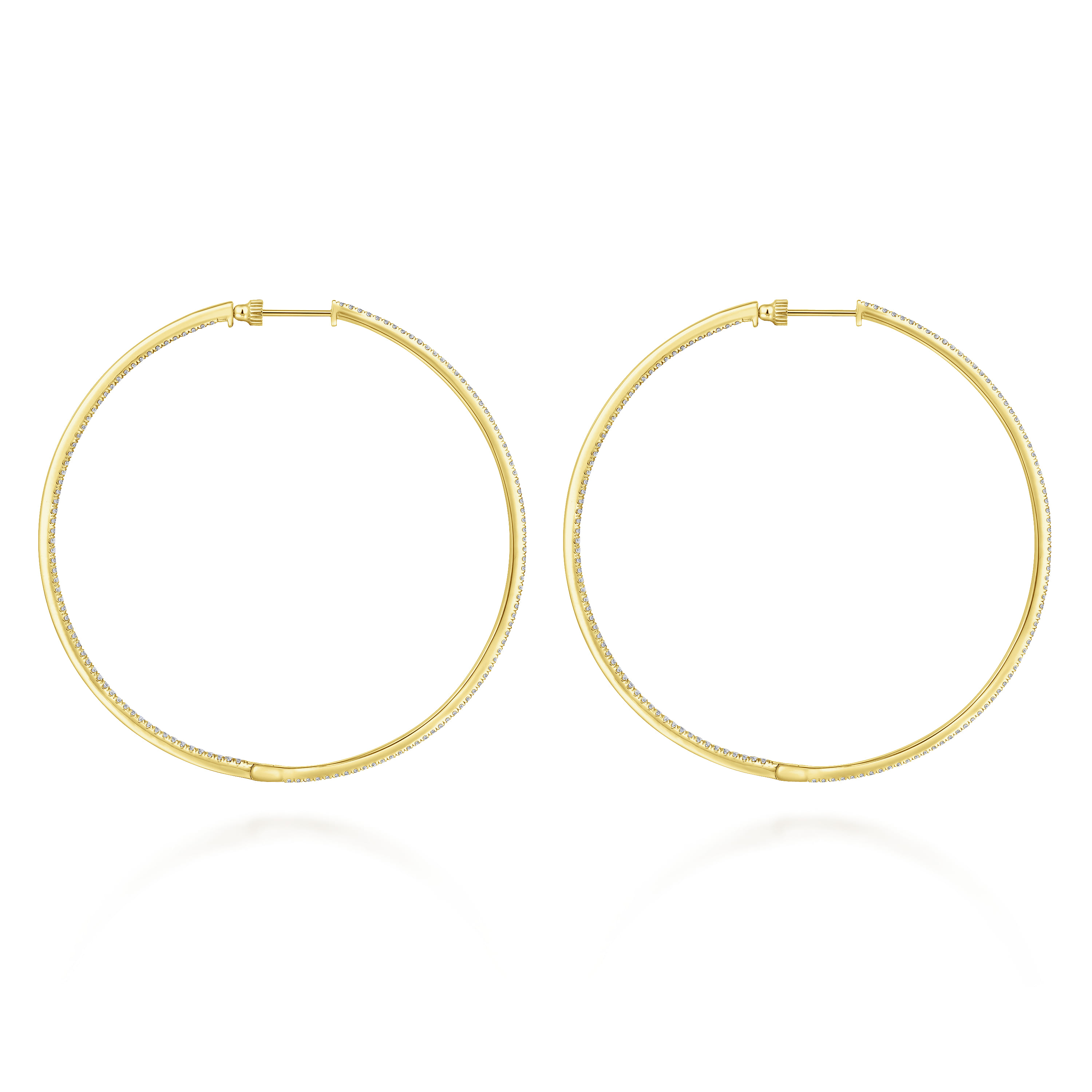 14K Yellow Gold French Pave 70mm Round Inside Out Diamond Classic Hoop Earrings - 2.55 ct - Shot 2