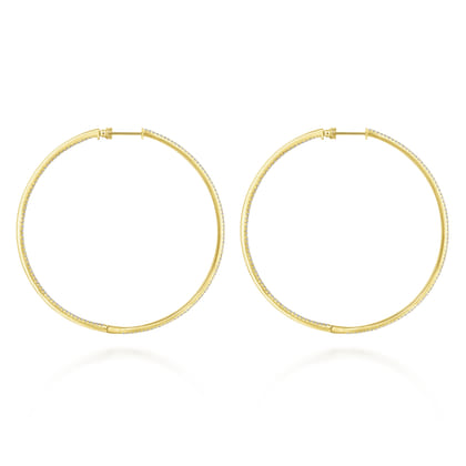 14K Yellow Gold French Pave 70mm Round Inside Out Diamond Classic Hoop Earrings