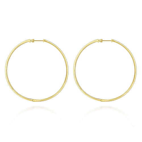 14K Yellow Gold French Pave 70mm Round Inside Out Diamond Classic Hoop Earrings - 2.55 ct - Shot 2