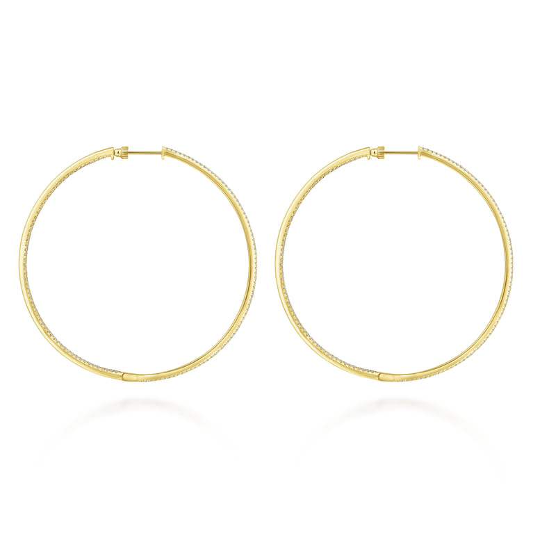 14K Yellow Gold French Pave 70mm Round Inside Out Diamond Classic Hoop Earrings - 2.55 ct - Shot 2