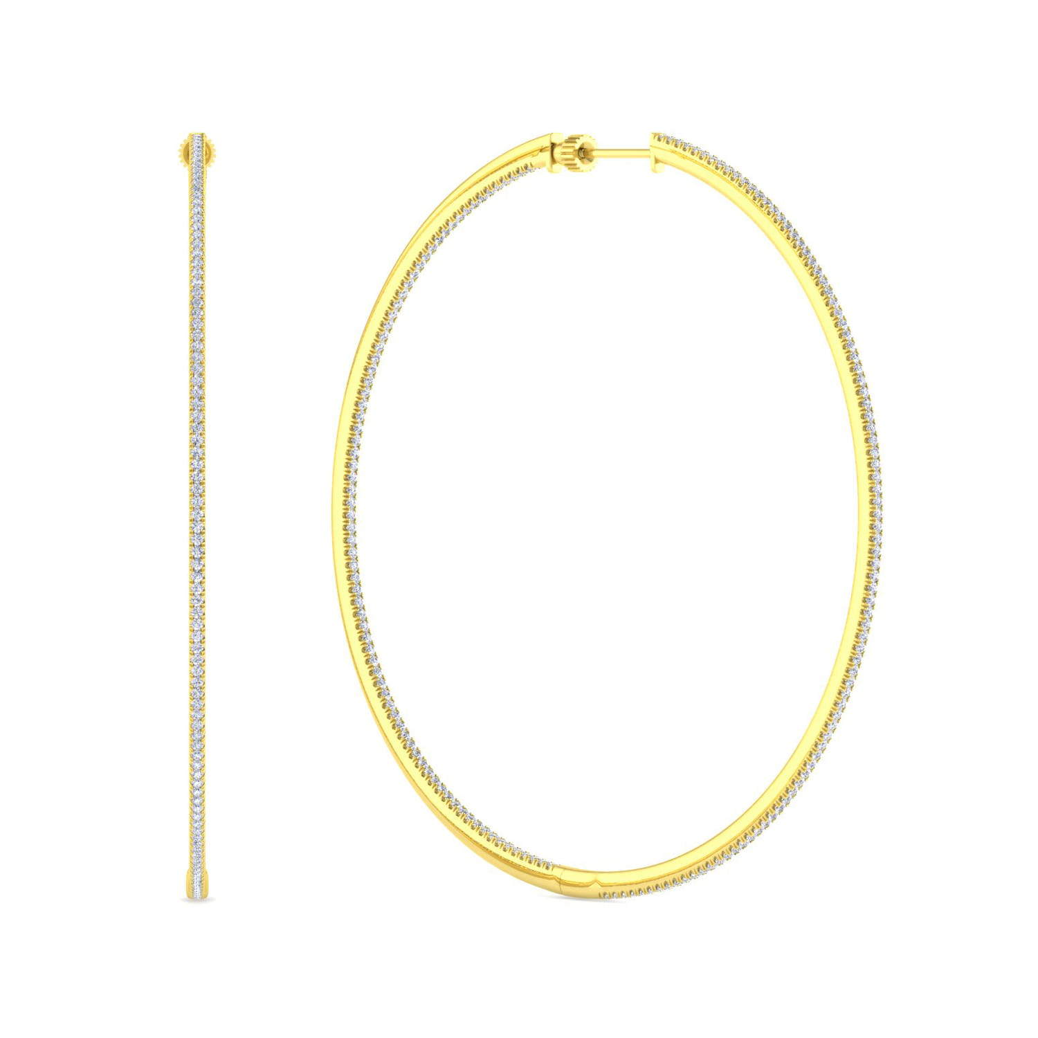 14K Yellow Gold French Pave 80mm Round Inside Out Diamond Hoop Earrings - 1.9 ct - Shot 1