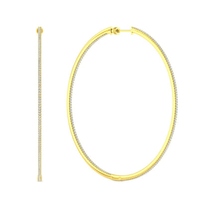 14K Yellow Gold French Pave 80mm Round Inside Out Diamond Hoop Earrings