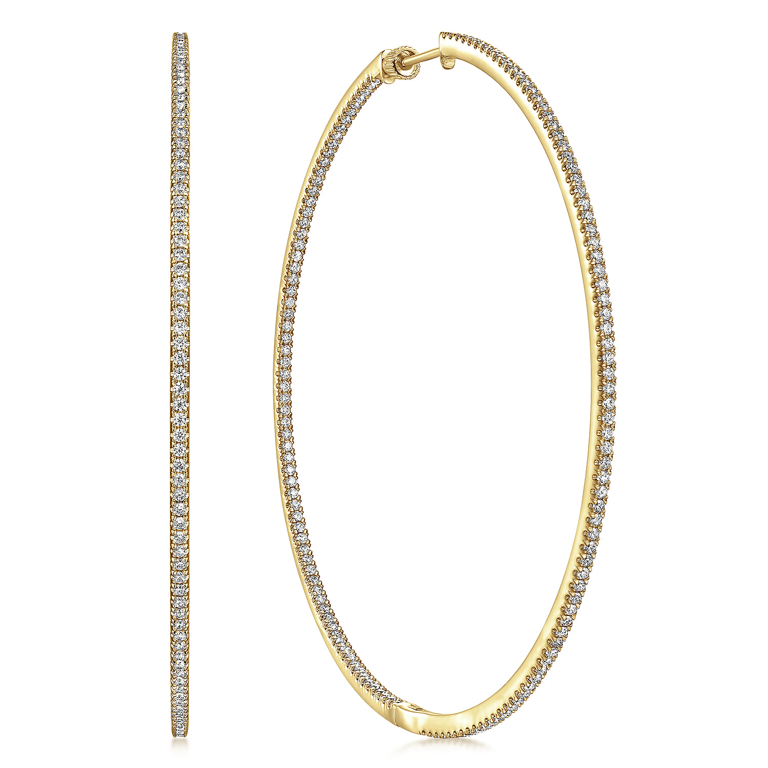 14K Yellow Gold French Pave 80mm Round Inside Out Diamond Hoop Earrings - 2.75 ct - Shot 1