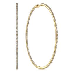 14K Yellow Gold French Pave 80mm Round Inside Out Diamond Hoop Earrings