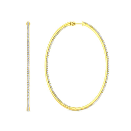 14K Yellow Gold French Pave 80mm Round Inside Out Diamond Hoop Earrings