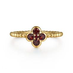14K Yellow Gold Garnet Cluster Clover and Bujukan Bead Stackable Ring