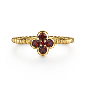 14K Yellow Gold Garnet Cluster Clover and Bujukan Bead Stackable Ring