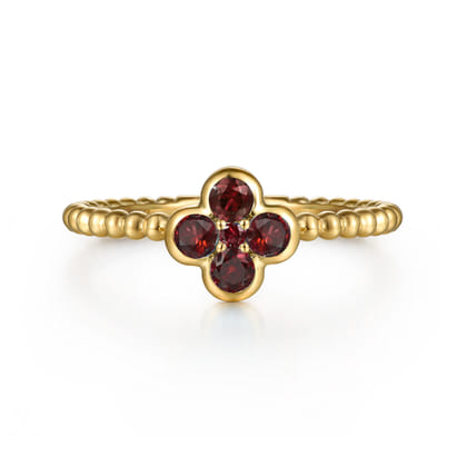 14K Yellow Gold Garnet Cluster Clover and Bujukan Bead Stackable Ring