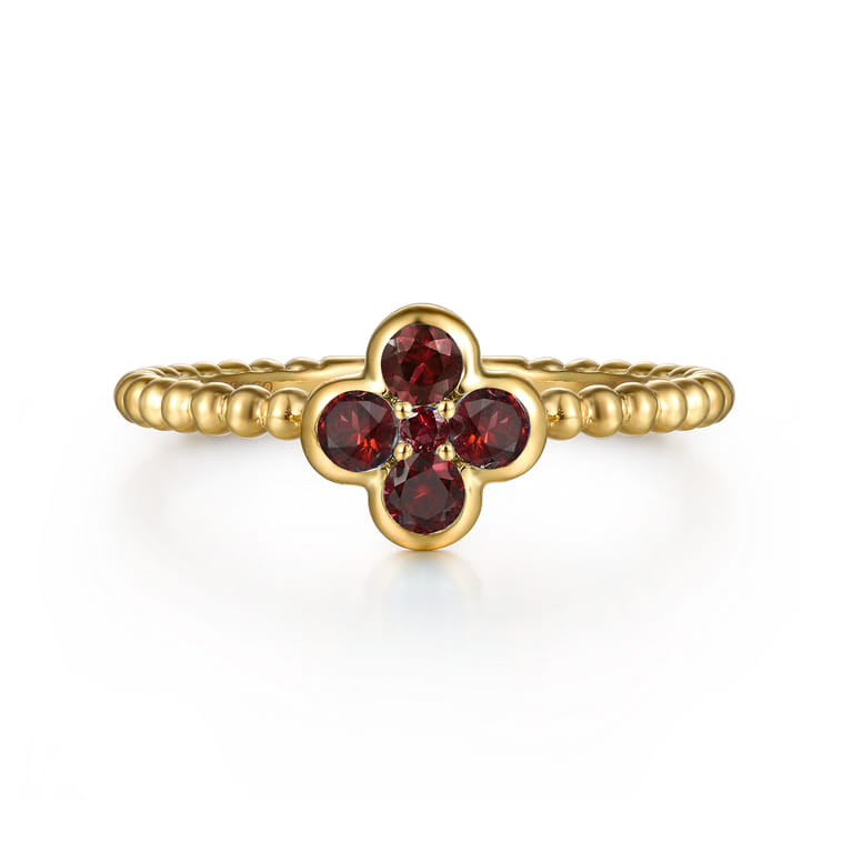14K Yellow Gold Garnet Cluster Clover and Bujukan Bead Stackable Ring - Shot 1