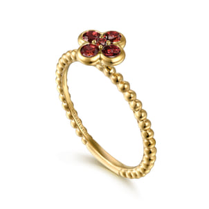 14K Yellow Gold Garnet Cluster Clover and Bujukan Bead Stackable Ring