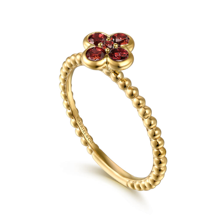 14K Yellow Gold Garnet Cluster Clover and Bujukan Bead Stackable Ring - Shot 3