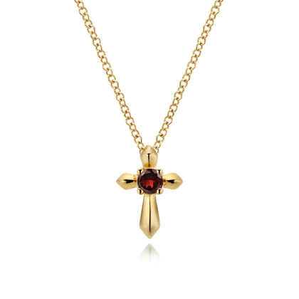 14K Yellow Gold Garnet Cross Pendant Necklace