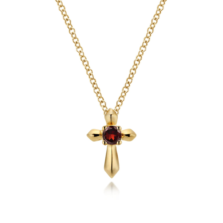 14K Yellow Gold Garnet Cross Pendant Necklace - Shot 1